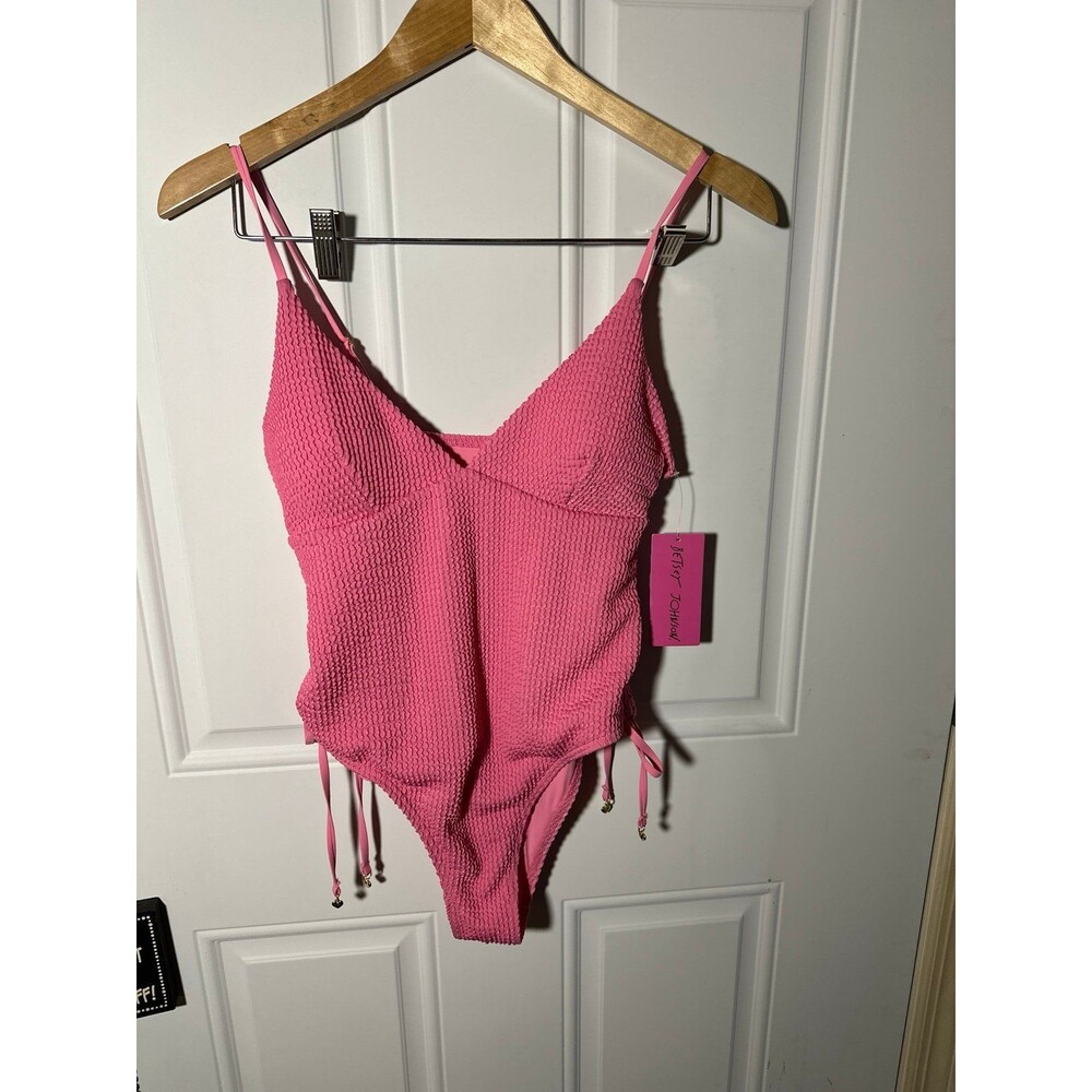 Betsey Johnson Pink Textured One Piece Swimsuit Size Large Sexy Retro Beach